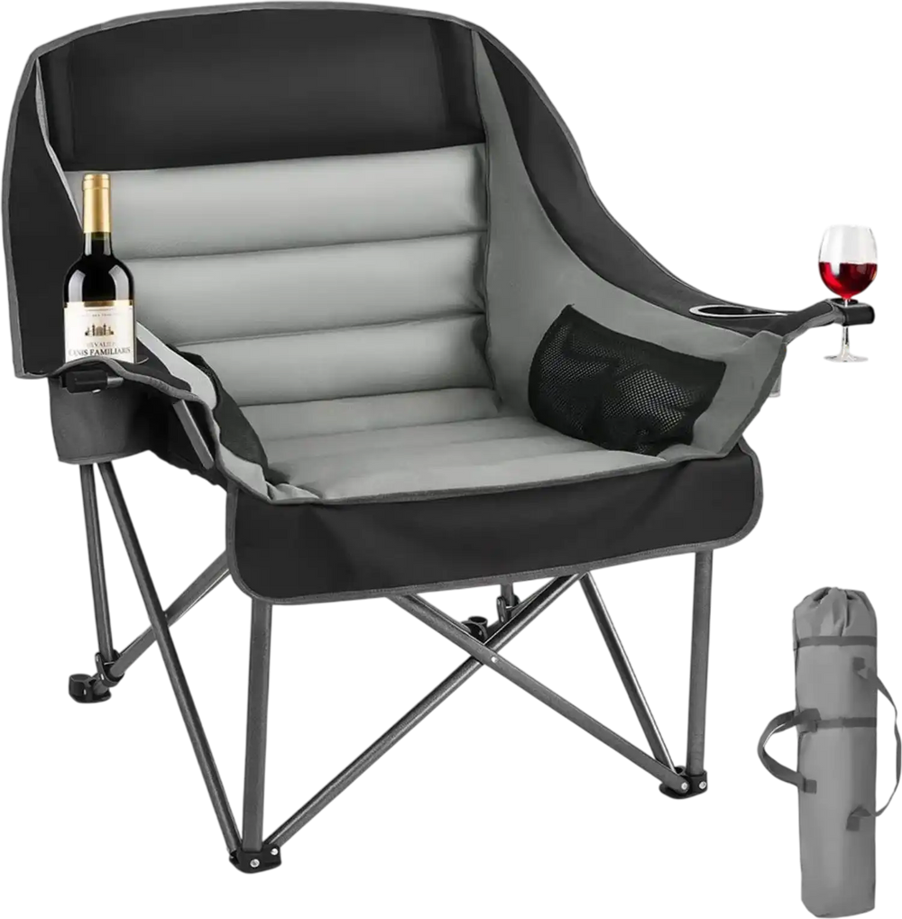 VEVOR Oversized Camping Chairs, 450 lbs Heavy Duty Support, Portable Padded Folding Camp Chairs with Dual Cup Holders & Wine Glass Holders, Carry Bag for Outdoor, Fishing, Black & Gray, 1 Pack
