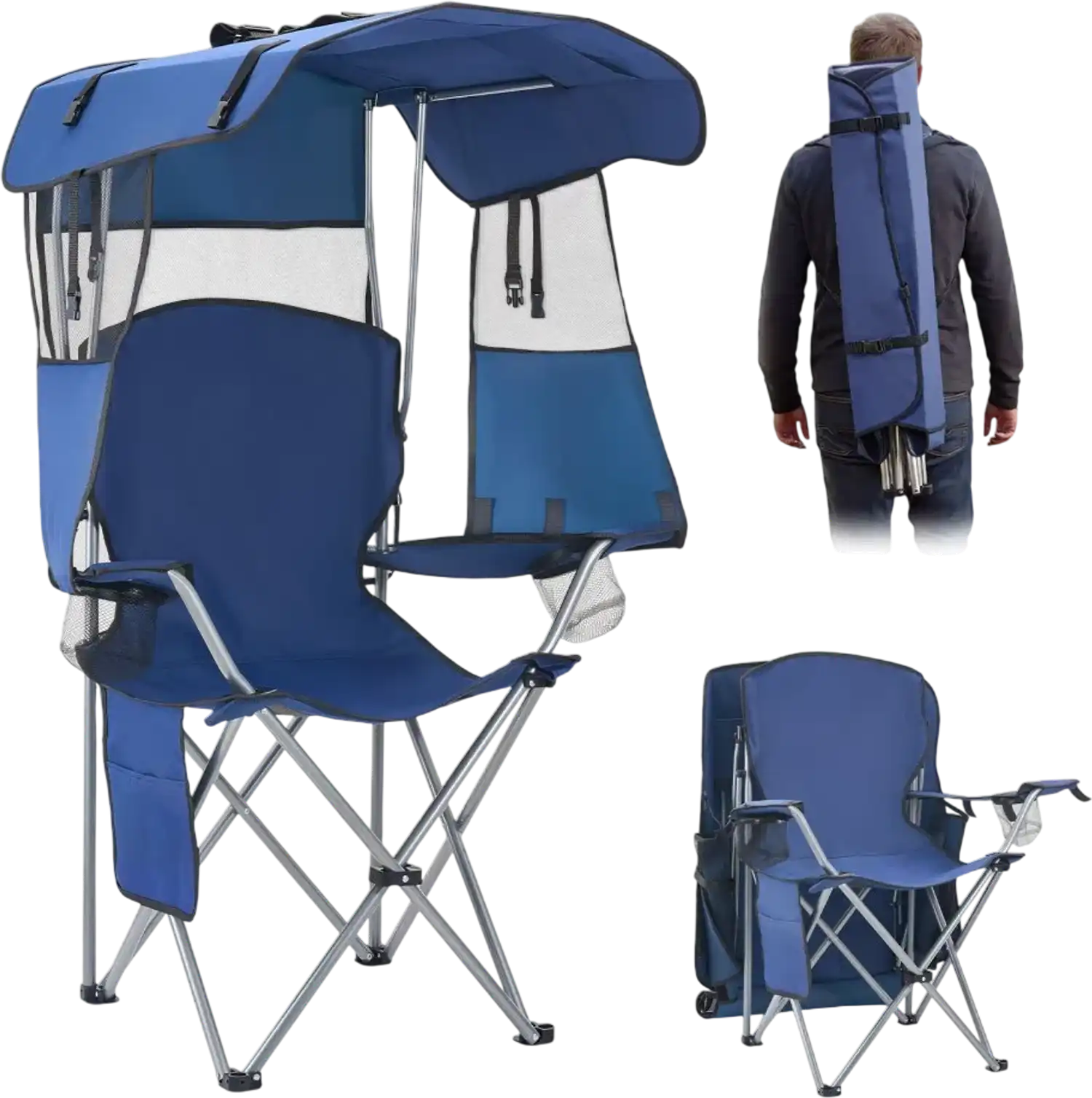 Vevor Camping Chair with Canopy Shade Folding Beach Chair Deep Blue New