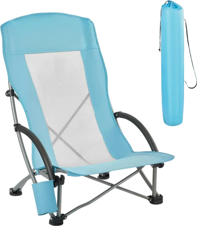 VEVOR Folding Beach Chair, High Back Camping Chairs for Adults, with Cup Pocket, Mesh Back, Carry Bag, Portable Extra Wide Seat Chair 330 lbs Heavy Duty Support, for Outdoor, Camp, Light Blue