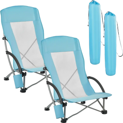 VEVOR Folding Beach Chair, High Back Camping Chairs for Adults, with Cup Pocket, Mesh Back, Carry Bag, Portable Extra Wide Seat Chair 330 lbs Heavy Duty Support, for Outdoor, Camp, Light Blue, 2 Pack