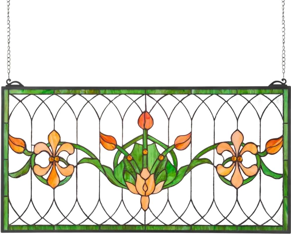 VEVOR Stained Glass Window Panel, 32 x 17 in, Tiffany Style Hanging Transom Window Panel with Chain, Large Horizontal Rectangle Stain Glass, Vintage Traditional Art Handcrafts for Kitchen Home Decor