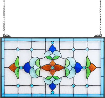 Vevor Stained Glass Window Panel Tiffany Style Hanging Transom 26 x 16