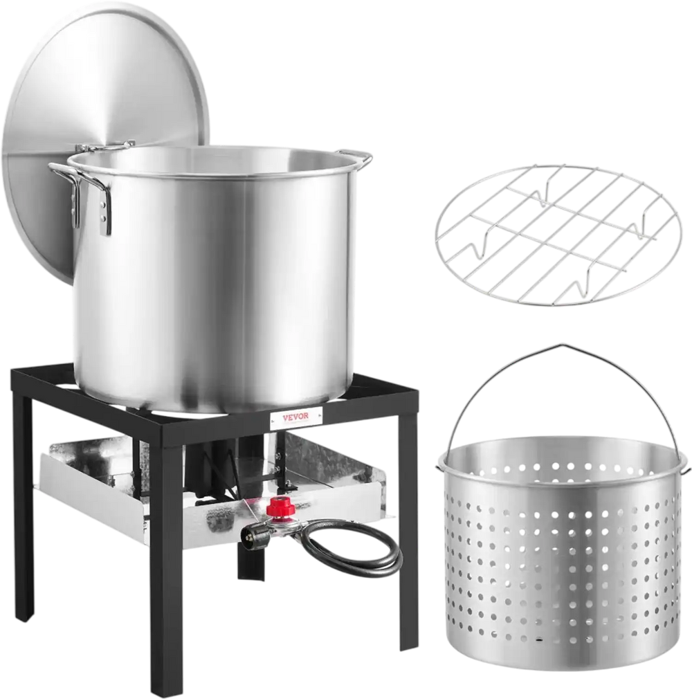 VEVOR 80 Qt Seafood Boiling Kit with Strainer, Outdoor Seafood Boil Pot and Basket, Cooking Set for Crab Crawfish Lobster Boiling, Aluminum Stockpot with 100,000 BTUs Propane Burner and Steamer Rack