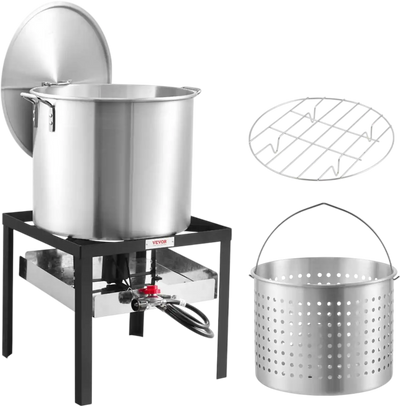 VEVOR 60 Qt Seafood Boiling Kit with Strainer, Outdoor Seafood Boil Pot and Basket, Cooking Set for Crab Crawfish Lobster Boiling, Aluminum Stockpot with 100,000 BTUs Propane Burner and Steamer Rack