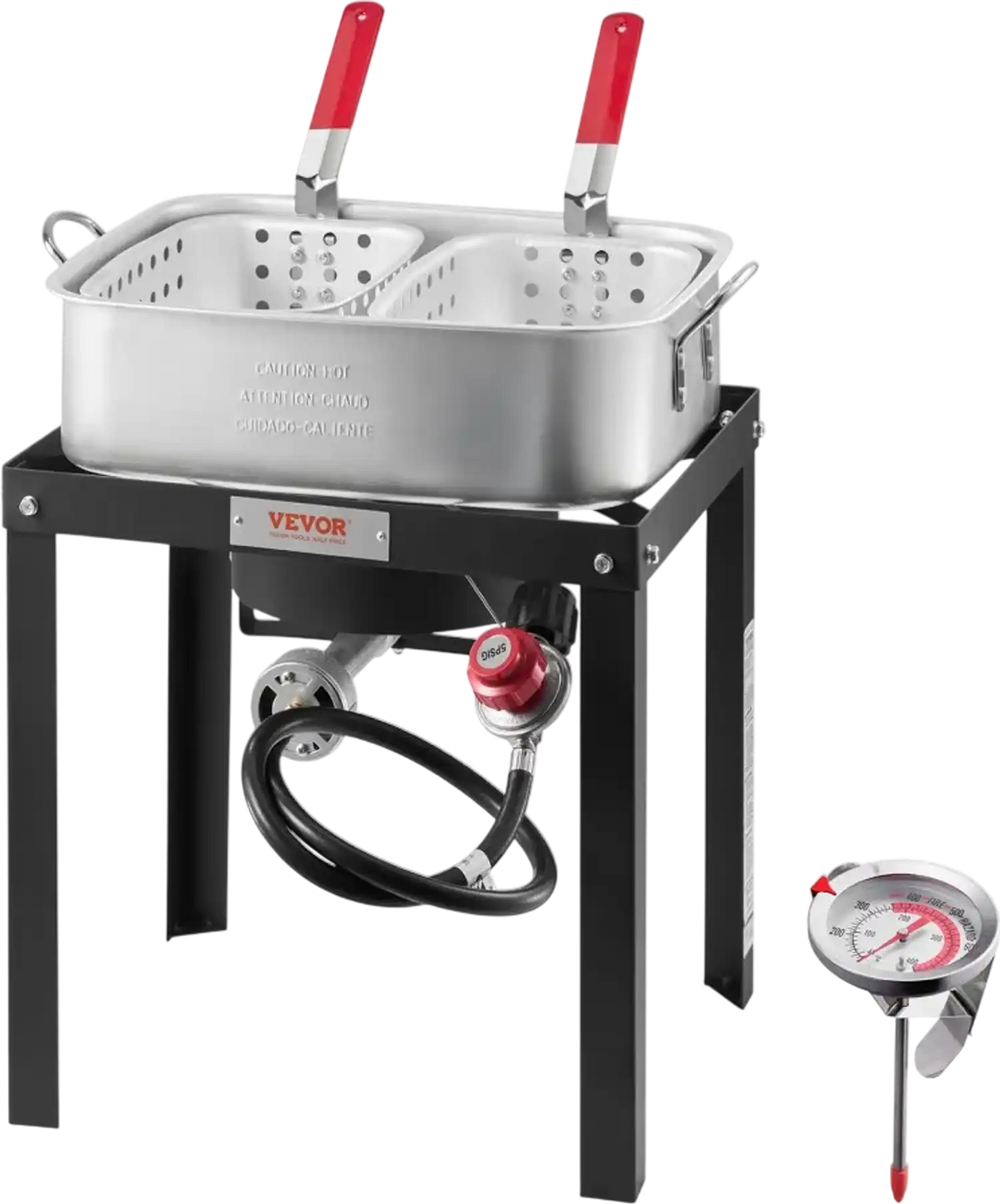 VEVOR 18 Qt Fish and Wing Fryer with Double Basket, Aluminum Propane Fish Fryer Kit, Outdoor Deep Fryer Seafood Pot with Thermometer and 58,000 BTUs Propane Burners, for Outdoor and Backyard Cooking