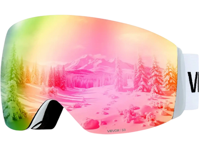 VEVOR Frameless Ski Goggles, Spherical Lens with Pink Revo Coating, OTG Anti fog Snow Goggles for Men Women Youth, TPU Frame & Ventilation Structure, Suitable for Skiing, Skating, Snowboarding
