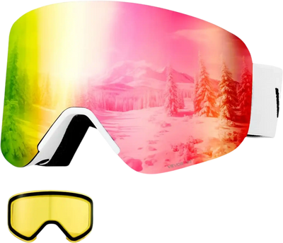 VEVOR Frameless Ski Goggles, Magnet Cylindrical Lens with Pink Revo Coating, OTG Anti fog Snow Goggles for Men Women Youth, TPU Frame & Ventilation Structure, Fit for Skiing, Skating, Snowboarding