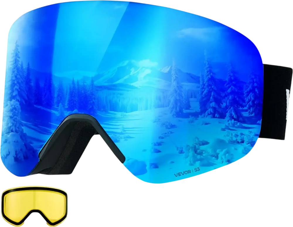 VEVOR Frameless Ski Goggles, Magnet Cylindrical Lens with Dark Blue Revo Coating, OTG Anti fog Snow Goggles for Men Women, TPU Frame & Ventilation Structure, Fit for Skiing, Skating, Snowboarding
