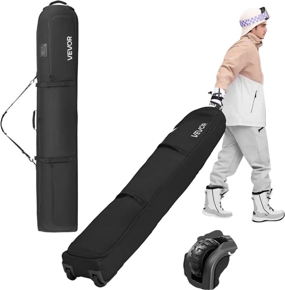 VEVOR Ski Roller Bag, Up to 68.9 in/175 cm, Padded Snowboard Bag with Wheels for Air Travel, 600D Waterproof Oxford Fabric, with Adjustable Straps, for Skis Poles Goggles Gloves Helmet Boots (Black)