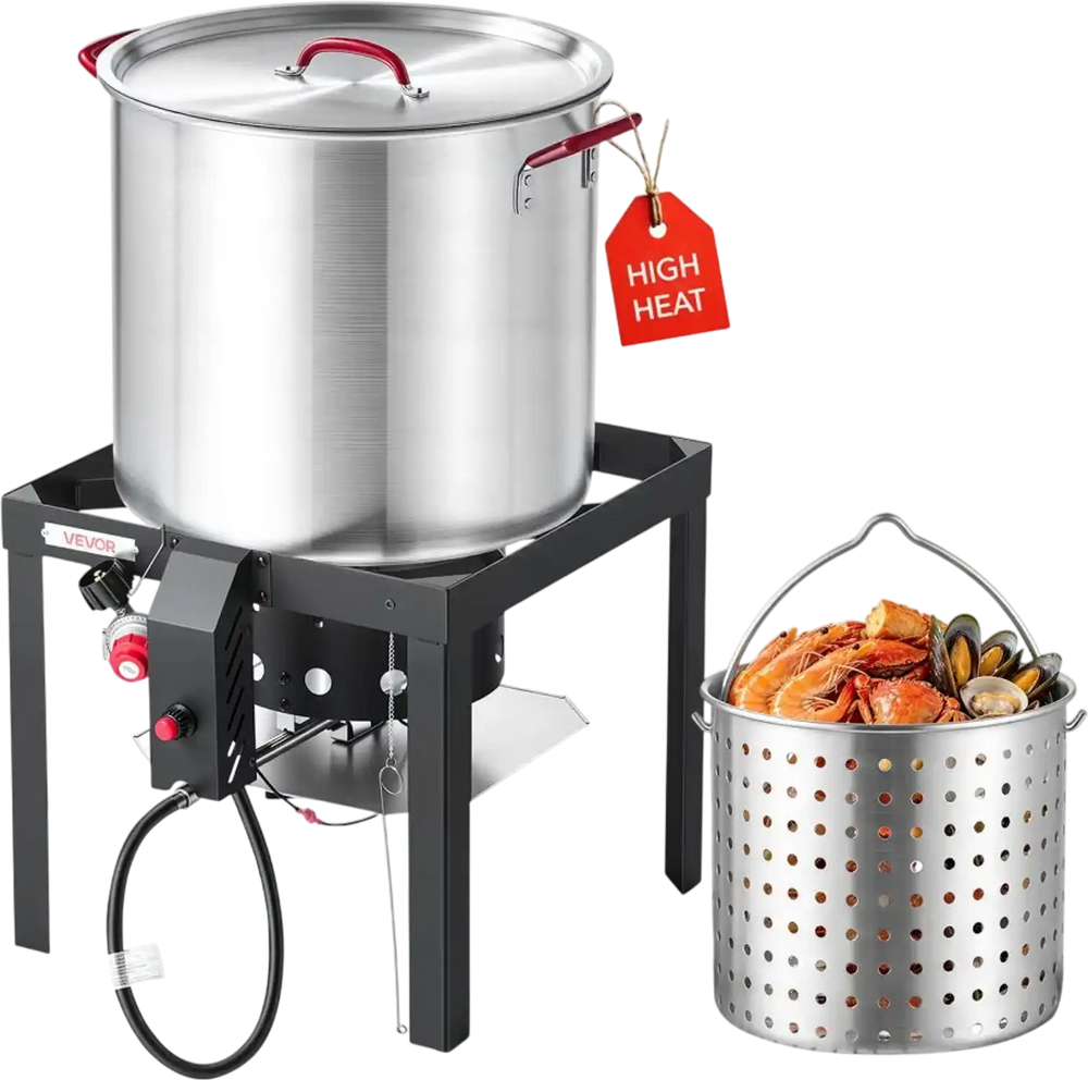 VEVOR 60 Qt Seafood Boiling Kit with Strainer, Aluminum Crawfish Boiler, Outdoor Backyard Cooking for Crab, Shrimp, Lobster, Soup, Deep Fryer Steamer Set with Stand and 110,000 BTU Propane Burner