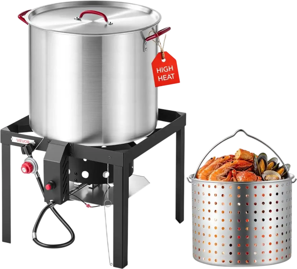 VEVOR 80 Qt Seafood Boiling Kit with Strainer, Aluminum Crawfish Boiler, Outdoor Backyard Cooking for Crab, Shrimp, Lobster, Soup, Deep Fryer Steamer Set with Stand and 110,000 BTU Propane Burner