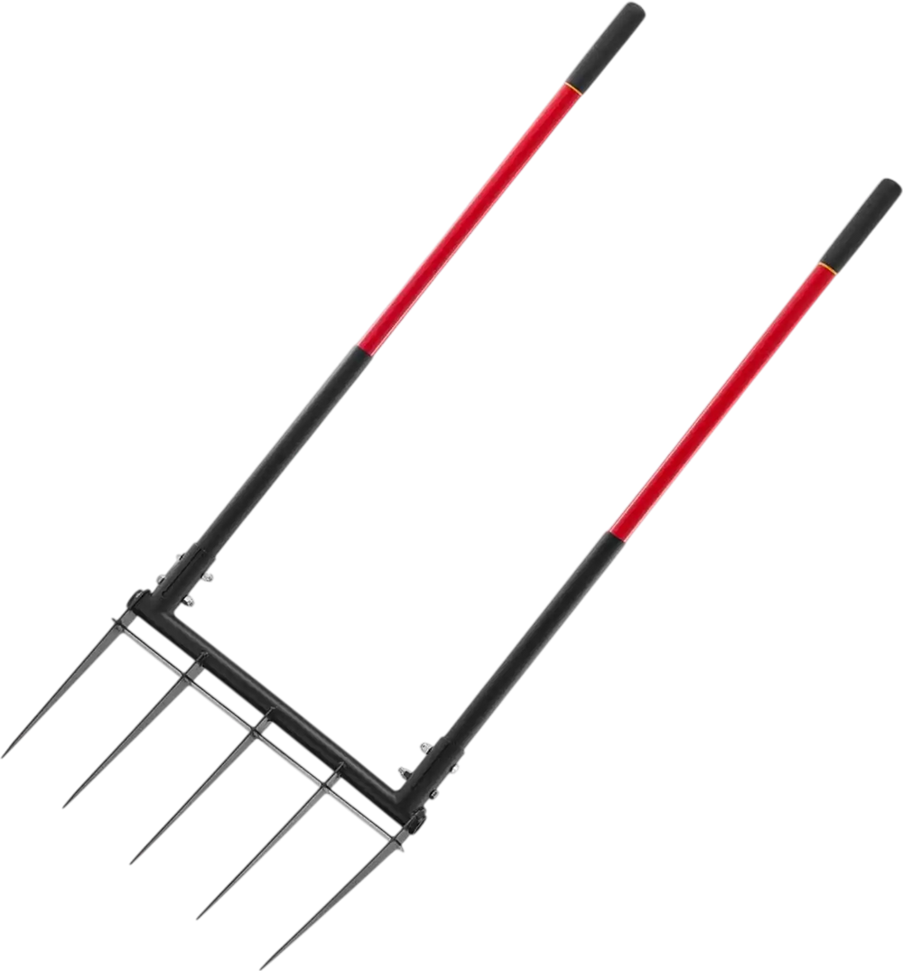 VEVOR Broad Fork, 5-Tine Pitchfork with Dual Fiberglass Handles, Heavy Duty Garden Fork , Ergonomic U-Shaped Design Broadfork Hand Tiller, Gardening Tool for Composting Transplanting Aeration