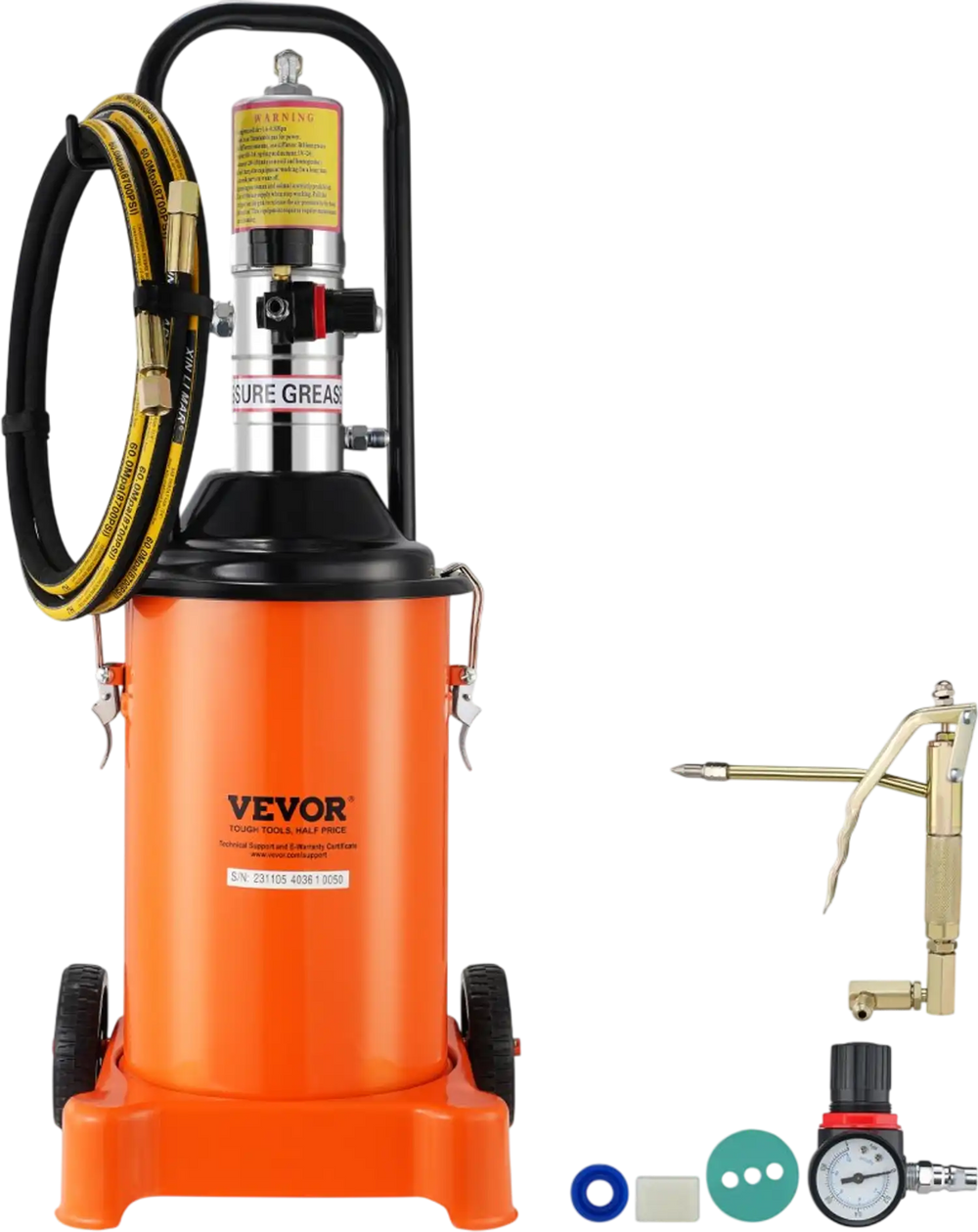 VEVOR Grease Pump, 3 Gallon 12L, Air Operated Grease Pump with 13 ft High Pressure Hose and Grease Gun, Pneumatic Grease Bucket Pump with Wheels, Portable Lubrication Grease Pump 50:1 Pressure Ratio