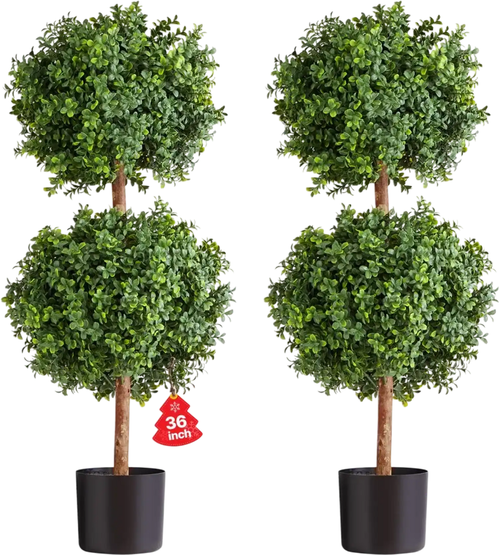 VEVOR Artificial Topiary Boxwood Double Ball, 2 Set 36 inch Faux Boxwood Plant Balls, Fake Silk Tree Look Real, Easy Assembly for Decor Front Porch Outdoor Patio Garden Balcony Backyard Indoor