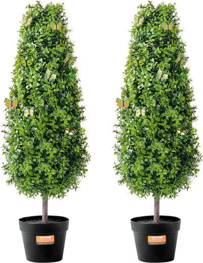 VEVOR Artificial Boxwood Topiary Tree, 36 inch Tall (2 Pieces), Faux Topiary Trees, Green Faux Plant w/ Extra Leaves & Pot & Small Decoration, UV Rated Greenery Set for Home Decor Indoor/Outdoor