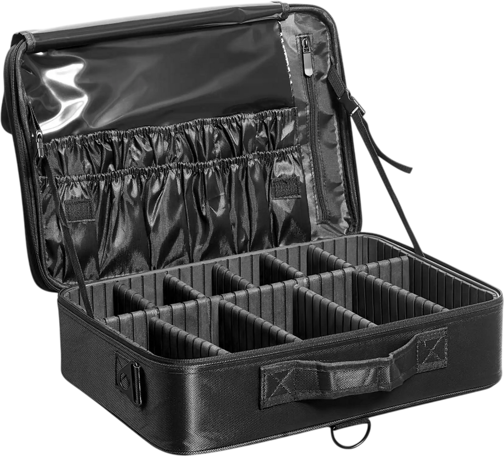 VEVOR Makeup Train Case Large Storage 3 Tiers, Convenient Carry With Handle, Strap, Professional Waterproof Oxford Makeup Storage Organizer Box, Heavy Duty Make Up Carrier, Black