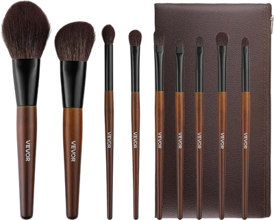 VEVOR 9-Piece Makeup Brush Set for Foundation Blending Eyeshadow, Professional Makeup Brush Kit with Soft Natural Wool & Vegan Synthetic Bristles, Ergonomic Wood Handle, Travel-Friendly Storage Bag