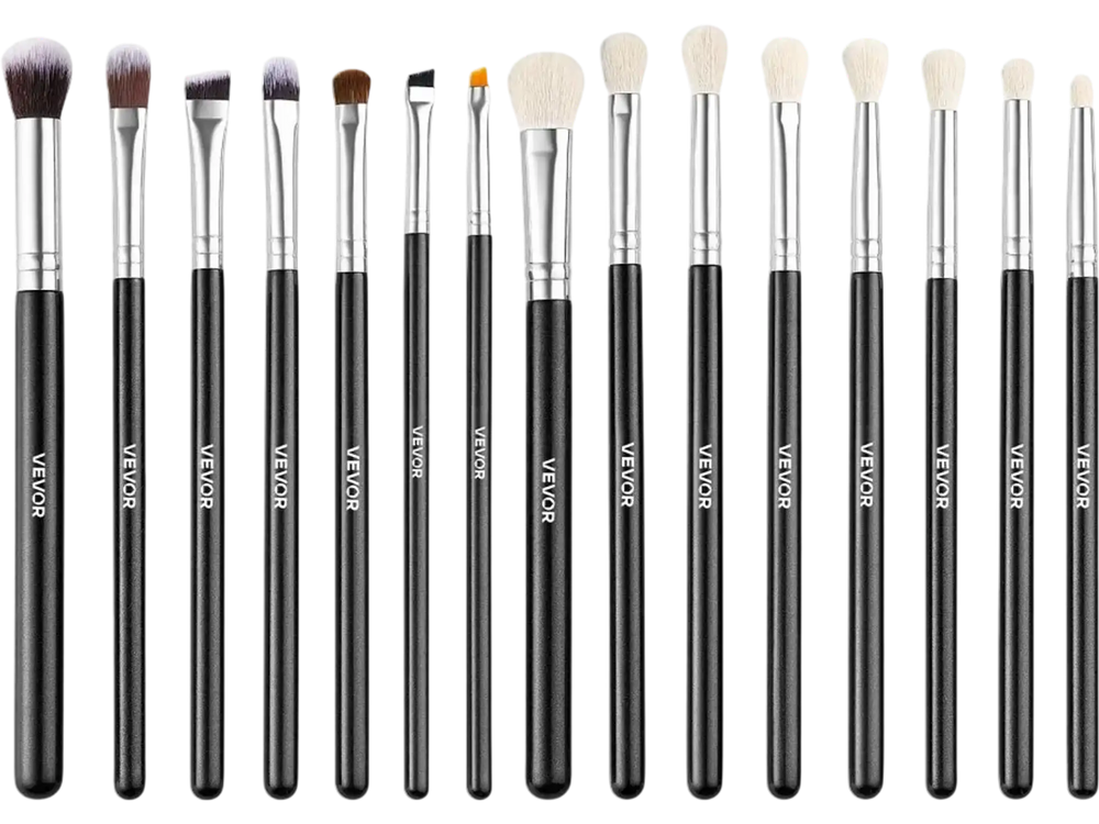 VEVOR 15-Piece Makeup Brush Set for Foundation Blending Eyeshadow, Professional Vegan Brushes with Soft Synthetic Bristles, Ergonomic Wood Handle & Aluminum Ferrule, Portable and Travel-Friendly