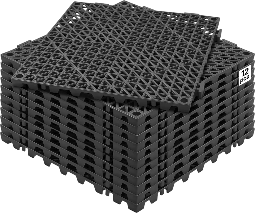 VEVOR Modular Interlocking Cushion, 12 Pack 12" x 12" Splicing Drainage Mats, Soft PVC Interlocking Drainage Floor Tiles, Non-Slip Drainage Holes for Restroom, Bathroom, Kitchen, Pool, Wet Areas, Blac