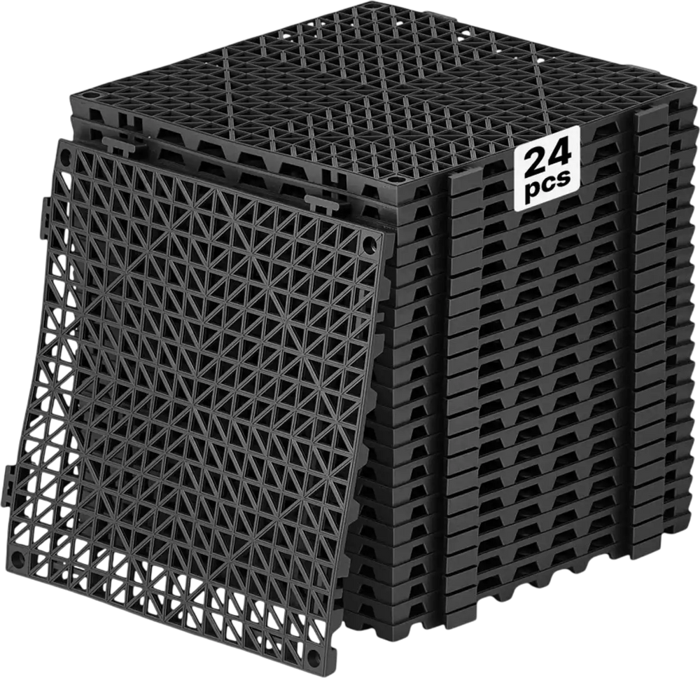 VEVOR Modular Interlocking Cushion 24 Pack Splicing Drainage Mats Black, for Bathrooms Restrooms Pools Kitchens, 12 x 12 in Non-Slip PVC Interlocking Floor Tiles, 0.6 in Thickened, Easy to Clean