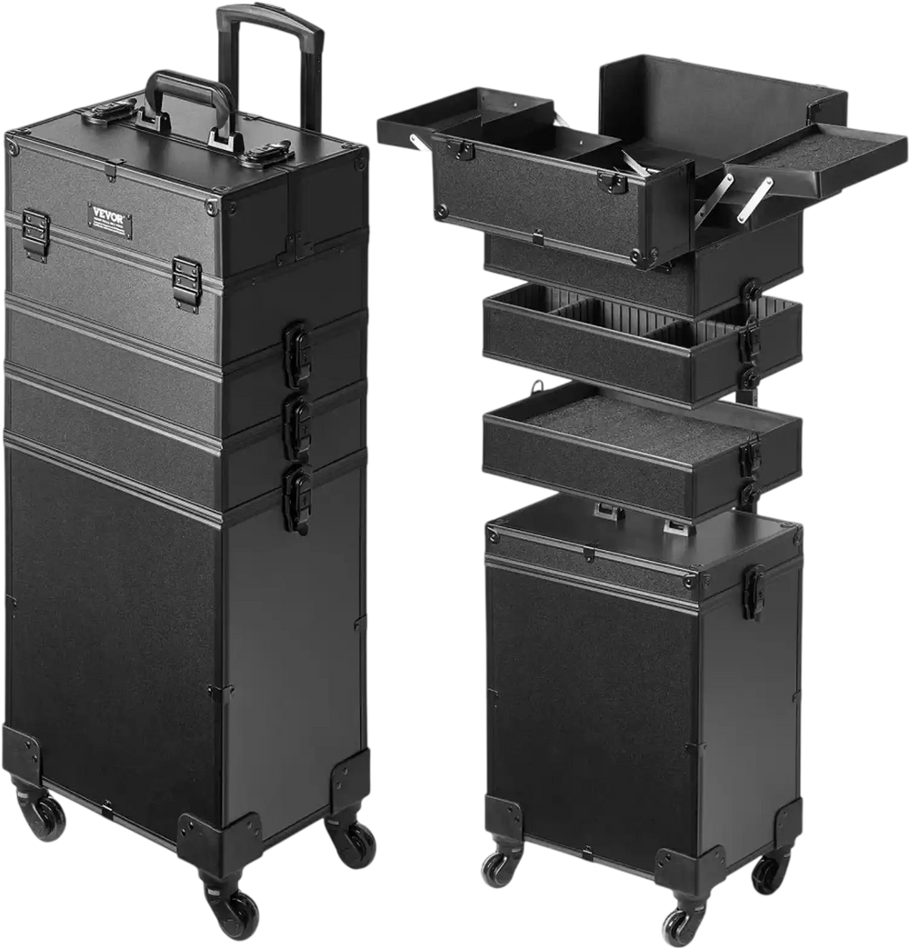 VEVOR 5 in 1 Professional Makeup Train Case Aluminum Cosmetic Case, Rolling Makeup Case Extra Large Trolley Makeup Travel Organizer, with 360° Swivel Wheels & Adjustable Pull Rod, Black