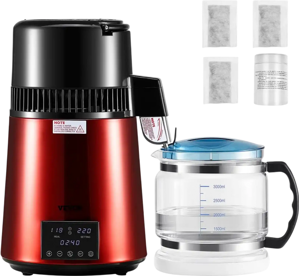 VEVOR Water Distiller, 4L 1.1 Gallon Pure Water Purifier Filter For Home Table Countertop, 1750W Distilled Maker with Glass Pot, Stainless Steel Interior Drinking Machine to Make Clean Waters, Red