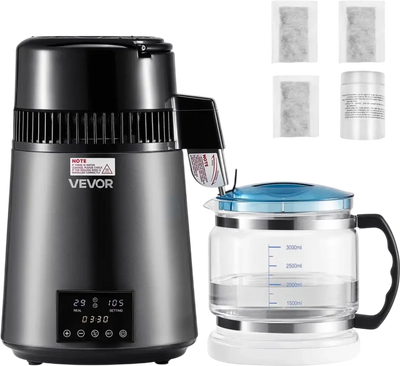 VEVOR Water Distiller, 4L 1.1 Gallon Pure Water Purifier Filter For Home Table Countertop, 750W Distilled Maker with Glass Pot, Stainless Steel Interior Drinking Machine to Make Clean Waters, Grey