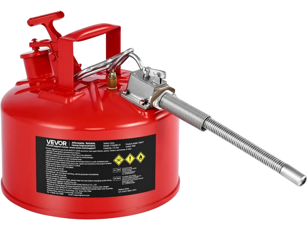 VEVOR Safety Gas Can, 2.5 Gallon Type II Red Safety Can for Gasoline with Stainless Steel Flame Arrester, Self-Closing Lid & Flexible Metal Spout, Carbon Steel Flammable Storage with Ergonomic Handle