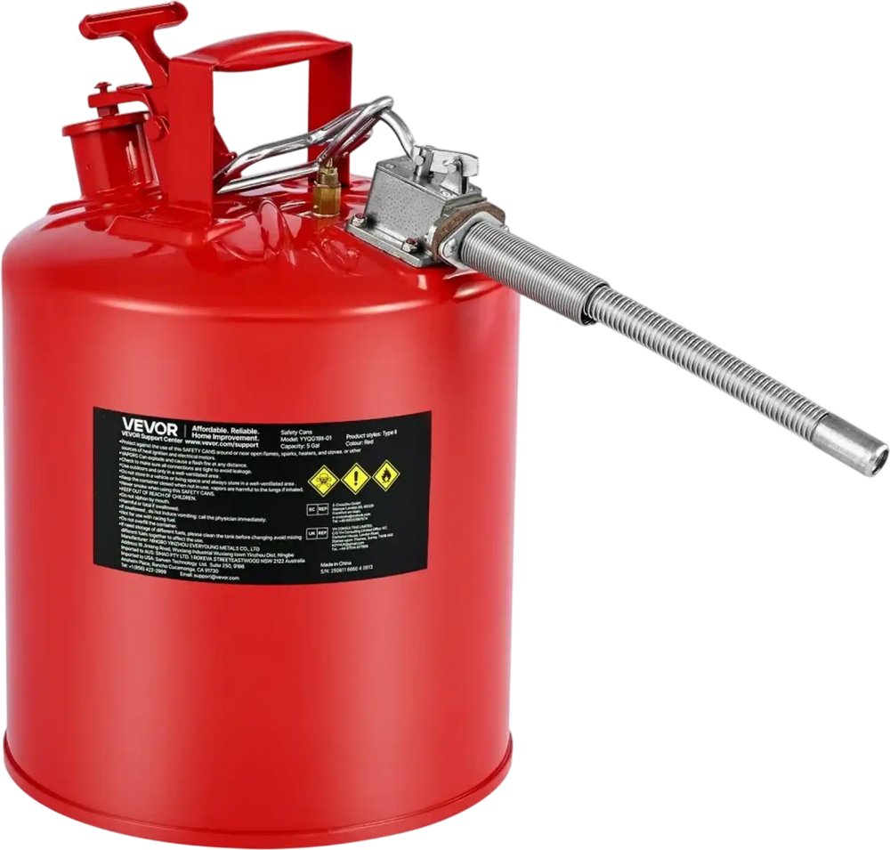 VEVOR Safety Gas Can, 5 Gallon Type II Red Safety Can for Gasoline with Stainless Steel Flame Arrester, Self-Closing Lid & Flexible Metal Spout, Carbon Steel Flammable Storage with Ergonomic Handle