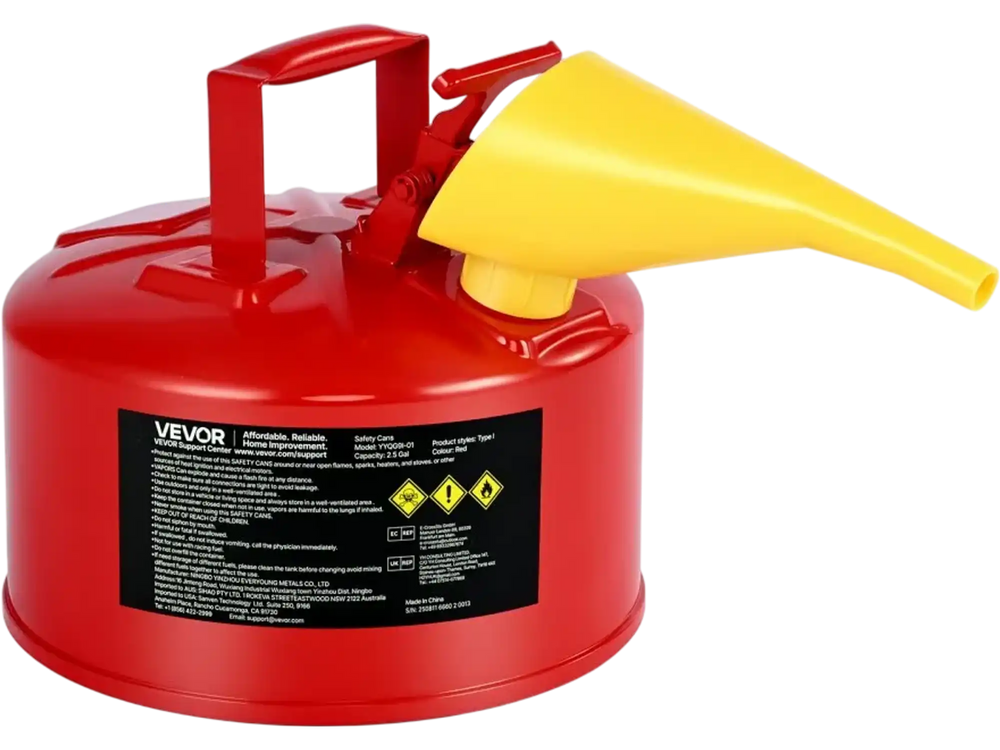 VEVOR Safety Gas Can, 2.5 Gallon Type I Red Safety Can for Gasoline with Stainless Steel Flame Arrester, Self-Closing Lid, and PE Funnel, Carbon Steel Flammable Storage Container with Ergonomic Handle