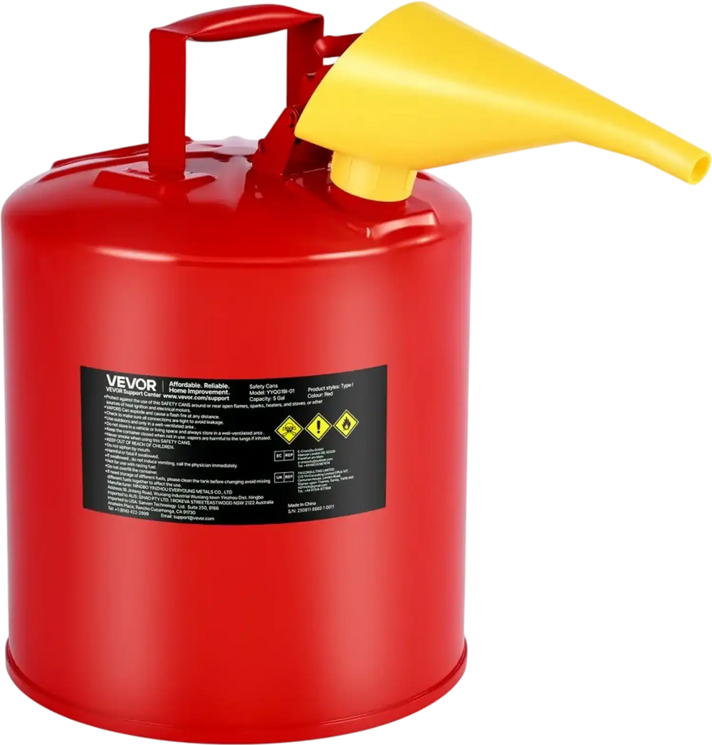 VEVOR Safety Gas Can, 5 Gallon Type I Red Safety Can for Gasoline with Stainless Steel Flame Arrester, Self-Closing Lid, and PE Funnel, Carbon Steel Flammable Storage Container with Ergonomic Handle