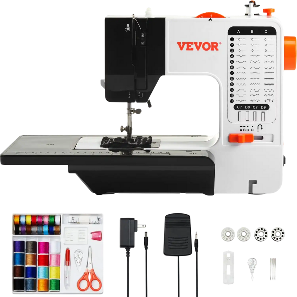 VEVOR Sewing Machine, Portable Sewing Machine for Beginners with 38 Built-in Stitches & Reverse Sewing, Dual Speed Sewing Machine with Extension Table Foot Pedal, Accessory Kit Family Home Travel