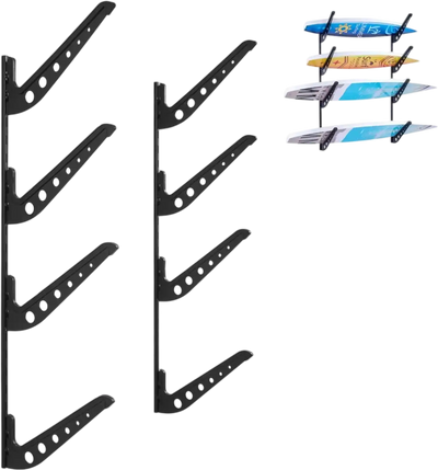 VEVOR Surfboard Wall Mount, 4 Tiers Horizontal Surfboard Rack for Storage and Display, Adjustable Height Metal Board Stand Organizer, Surf Board Holder for Snowboards, Kiteboards, Shortboard, Skis