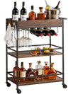 VEVOR Bar Cart, 3 Tiers Home Kitchen Serving Carts, Industrial Rolling Utility Station on Wheel, Mobile Drink Beverage Shelf with Wine Rack & Glass Holder, 26.77x14.17x32.68 in, Rustic Brown and Black