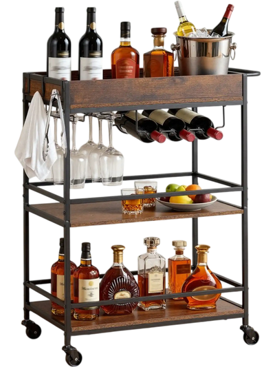 Vevor Bar Cart 3-Tier Rolling Serving Cart with Wine Rack & Glass Holder 26.77