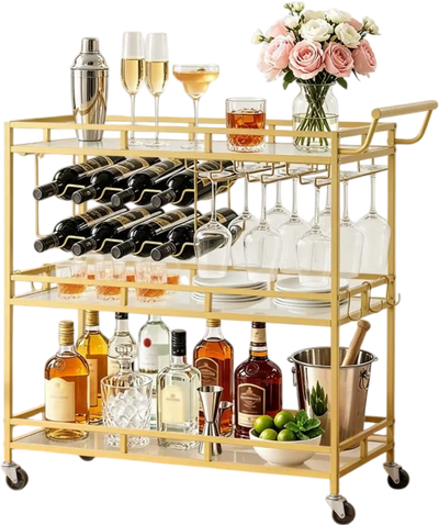 Vevor Bar Cart 3-Tier Rolling Serving Cart Gold New