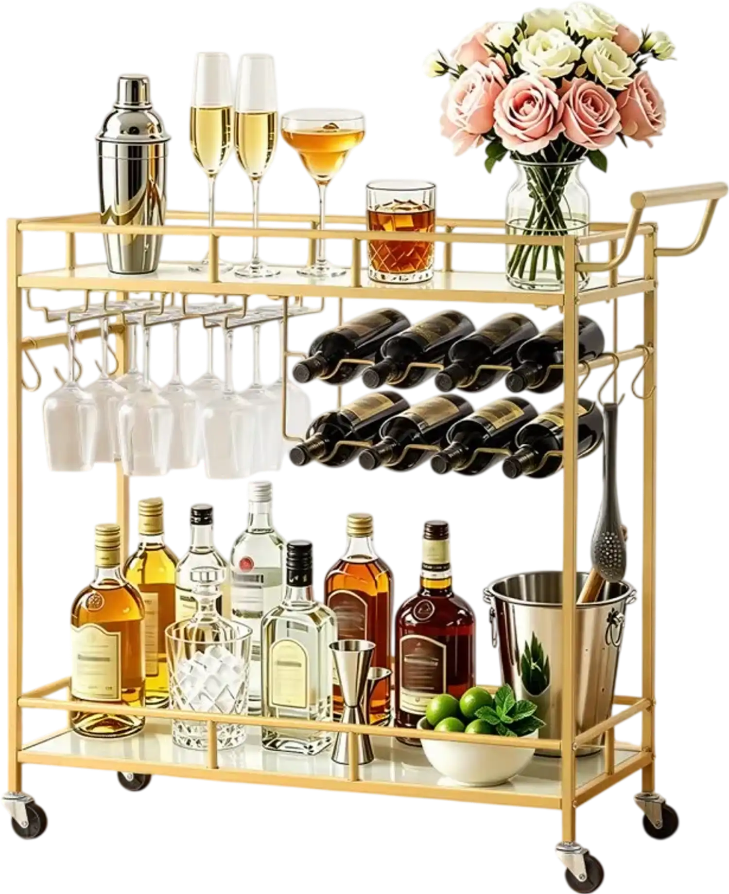 Vevor Bar Cart 2-Tier Rolling Serving Cart with Mirrored Glass Shelves Gold New