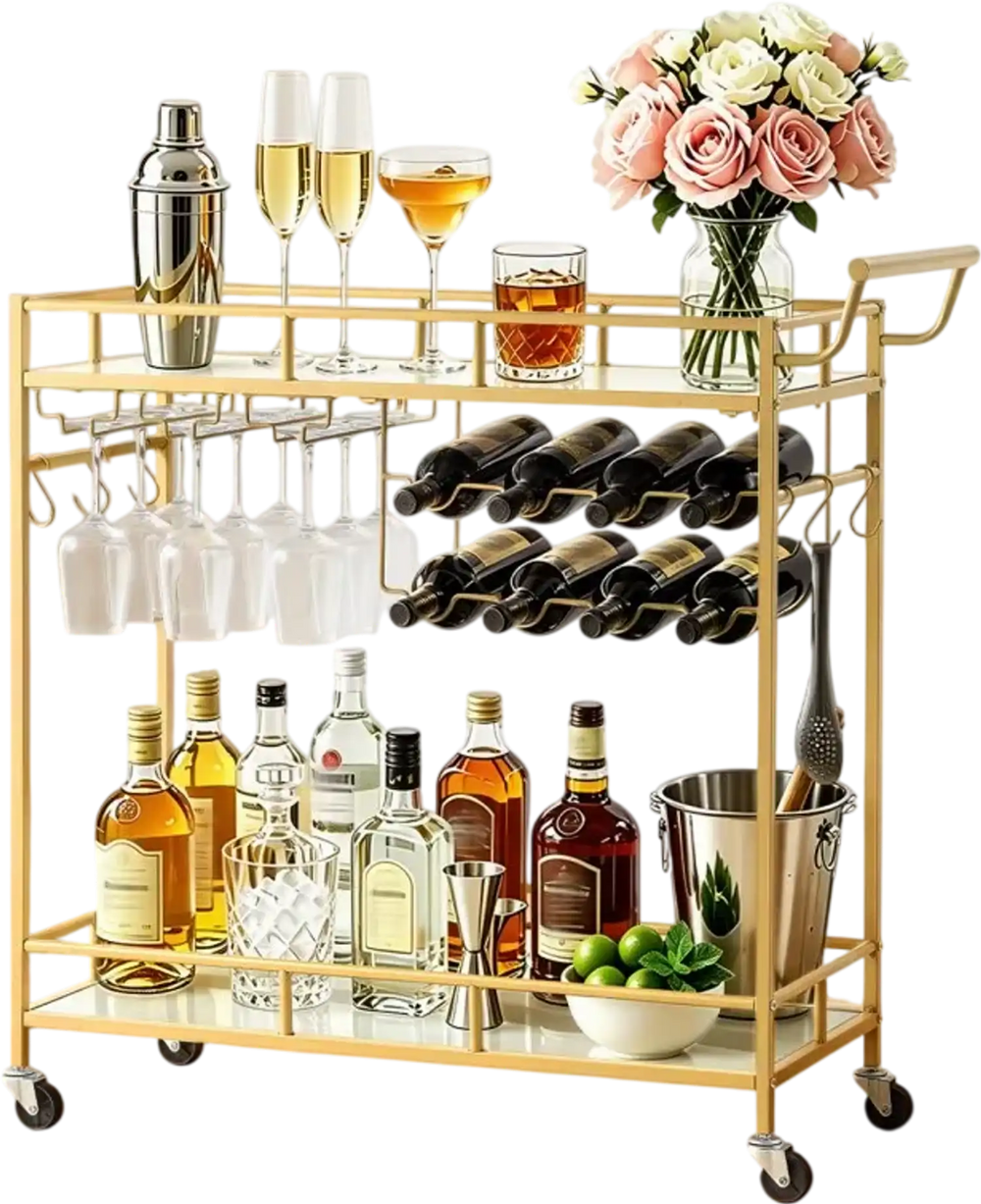 VEVOR Bar Cart, 2 Tiers Home Kitchen Serving Carts, Modern Rolling Utility Station on Wheels, Drink Beverage Trolley with Mirrored Glass Shelves, Wine Rack, Glass Holder, for Living Dining Room, Gold