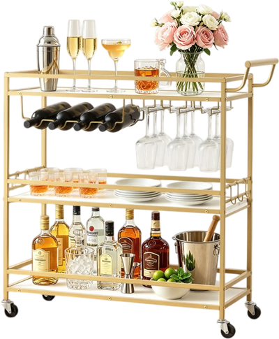 Vevor Bar Cart 3-Tier Rolling Serving Trolley with Wine Rack and Glass Holder Gold New