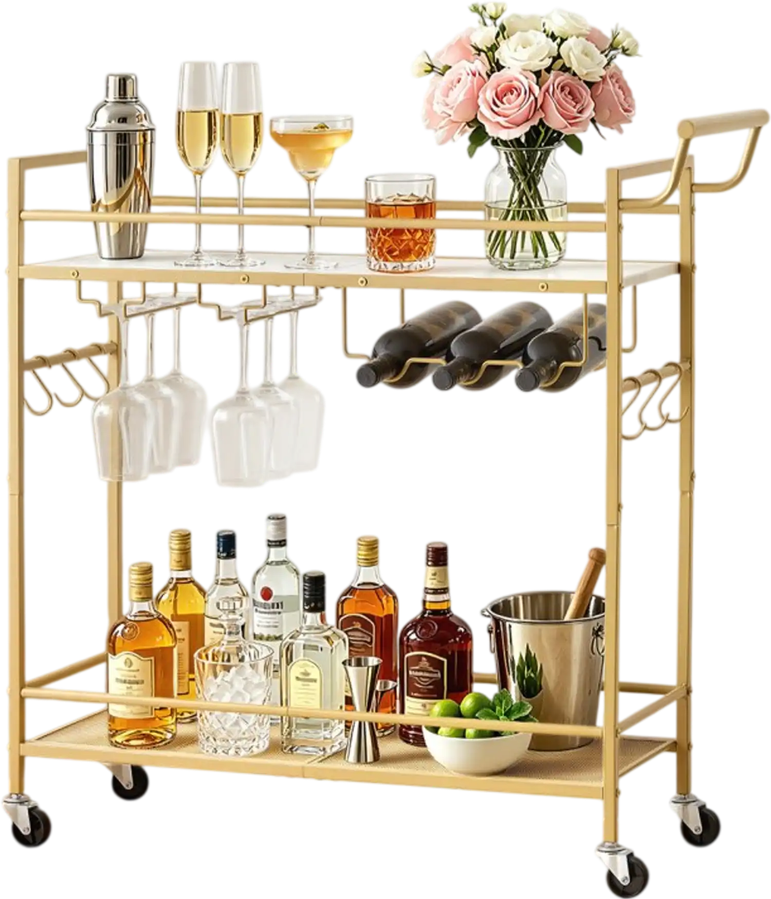 Vevor Bar Cart 2-Tier Rolling Serving Cart with Wine Rack and Glass Holder New