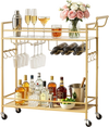 VEVOR Bar Cart, 2 Tiers Home Kitchen Serving Carts, Modern Rolling Utility Station on Wheel, Mobile Drink Beverage Trolley with Wooden & Mesh Shelf, Wine Rack, Glass Holder, 33.86x11.81x32.68 in, Gold