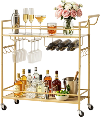 VEVOR Bar Cart, 2 Tiers Home Kitchen Serving Carts, Modern Rolling Utility Station on Wheel, Mobile Drink Beverage Trolley with Wooden & Mesh Shelf, Wine Rack, Glass Holder, 33.86x11.81x32.68 in, Gold