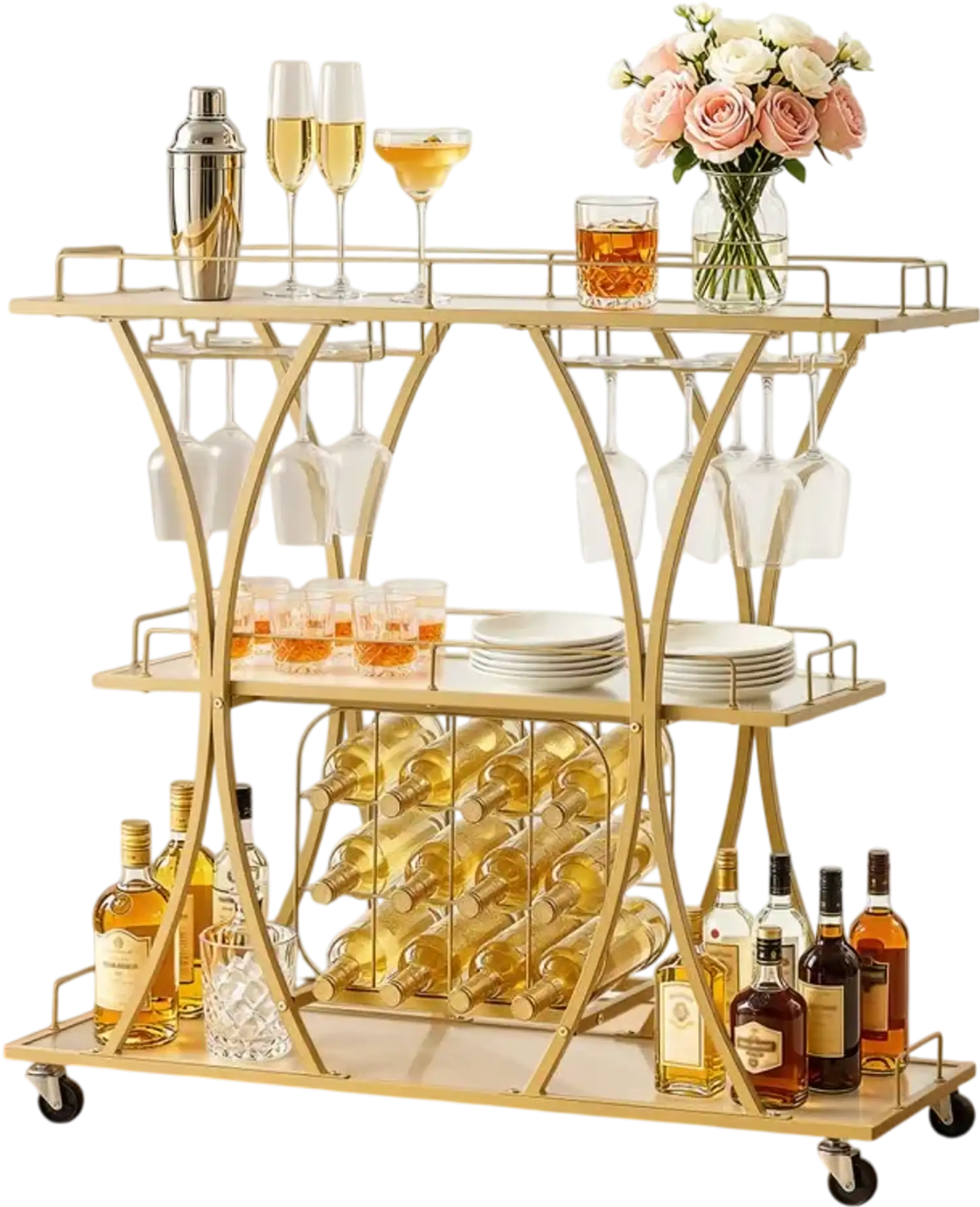 Vevor Bar Cart 3-Tier Rolling Serving Cart Gold New