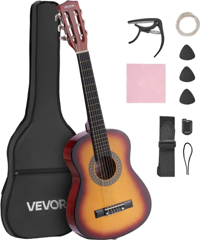 VEVOR Classical Guitar, 30 Inch, Wood Classical Guitar Starter Kit for Beginners, with Nylon Strings, Gig Bag, Strap, Tuner, Extra Strings, Pick, Capo, Basswood, for Kids Girls Boys Students, Sunburst
