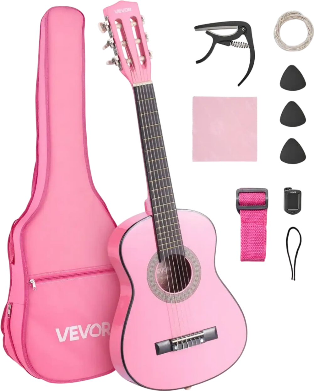 VEVOR Classical Guitar, 30 Inch, Wood Classical Guitar Starter Kit for Beginners, with Nylon Strings, Gig Bag, Strap, Tuner, Extra Strings, Picks, Capo, Basswood, for Kids Girls Boys Students, Pink