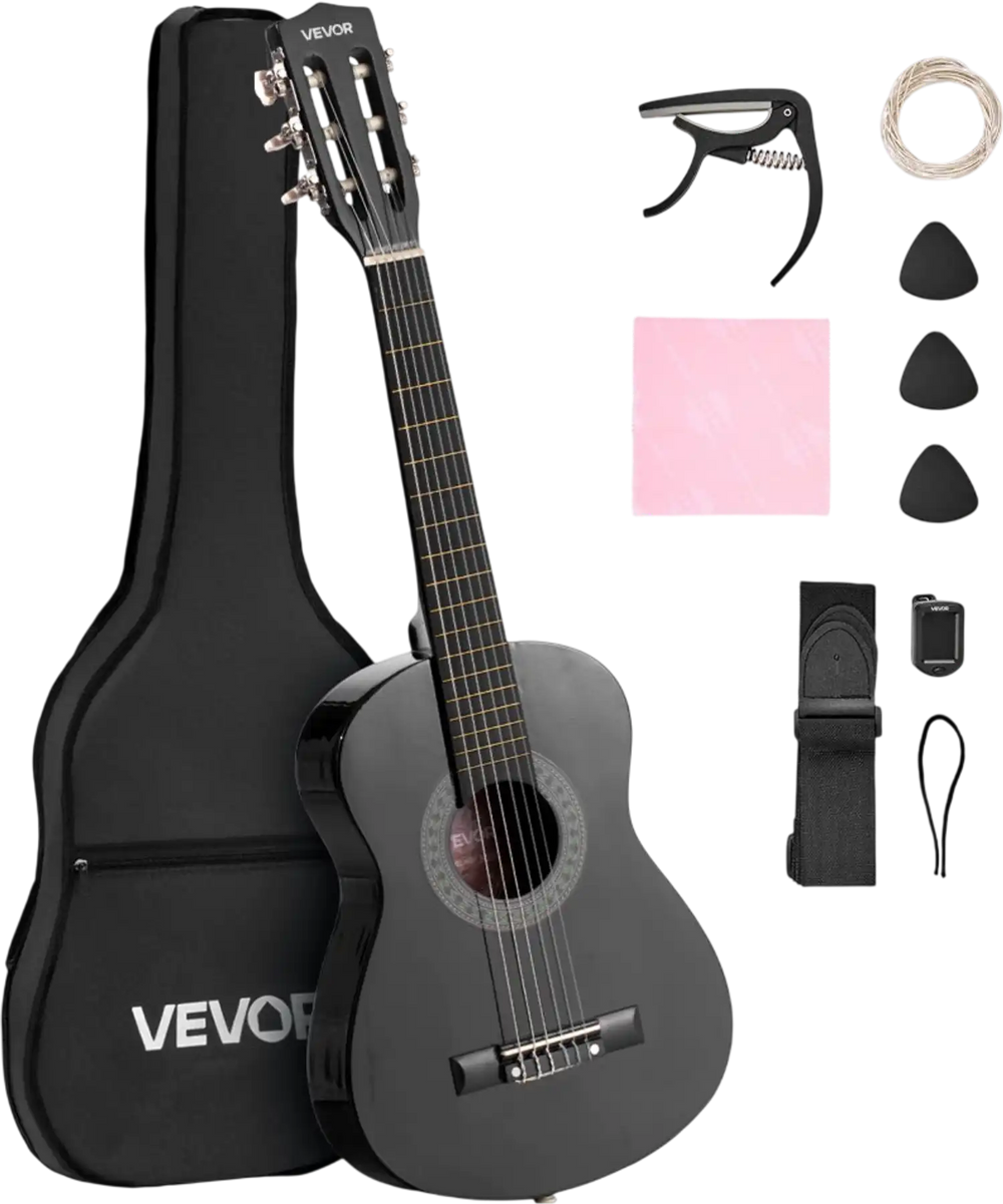 VEVOR Classical Guitar, 30 Inch, Wood Classical Guitar Starter Kit for Beginners, with Nylon Strings, Gig Bag, Strap, Tuner, Extra Strings, Picks, Capo, Basswood, for Kids Girls Boys Students, Black