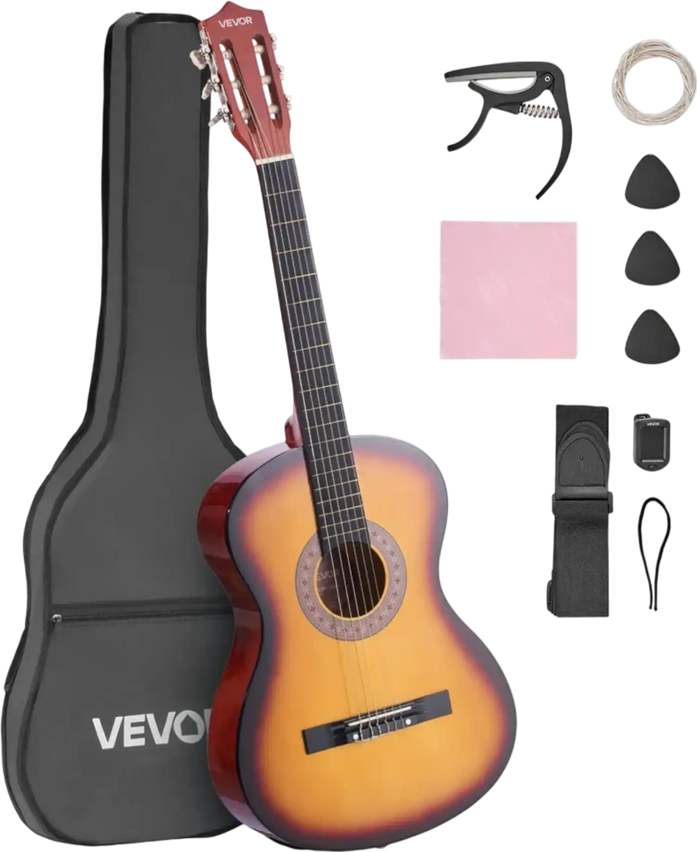 VEVOR Classical Guitar, 38 Inch, Wood Classical Guitar Starter Kit for Beginners, with Nylon Strings, Gig Bag, Strap, Tuner, Extra String, Pick, Capo, Basswood, for Teenagers Adults Students, Sunburst