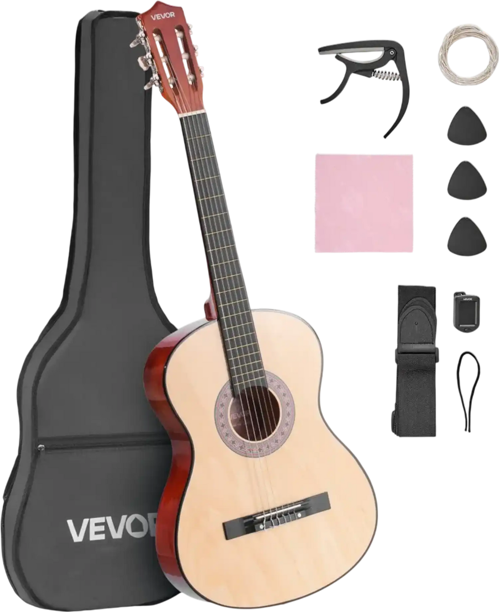 VEVOR Classical Guitar, 38 Inch, Wood Classical Guitar Starter Kit for Beginners, with Nylon Strings, Gig Bag, Strap, Tuner, Extra Strings, Pick, Capo, Basswood, for Teenagers Adults Students, Natural