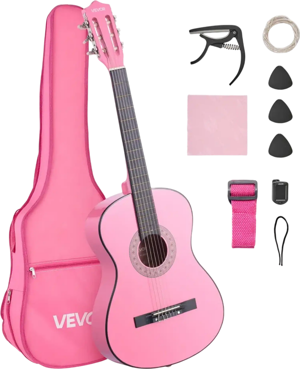 VEVOR Classical Guitar, 38 Inch, Wood Classical Guitar Starter Kit for Beginners, with Nylon Strings, Gig Bag, Strap, Tuner, Extra Strings, Picks, Capo, Basswood, for Teenagers Adults Students, Pink