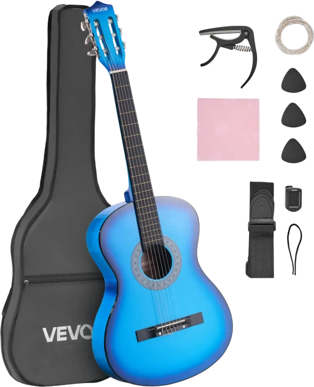 VEVOR Classical Guitar, 38 Inch, Wood Classical Guitar Starter Kit for Beginners, with Nylon Strings, Gig Bag, Strap, Tuner, Extra Strings, Picks, Capo, Basswood, for Teenagers Adults Students, Blue